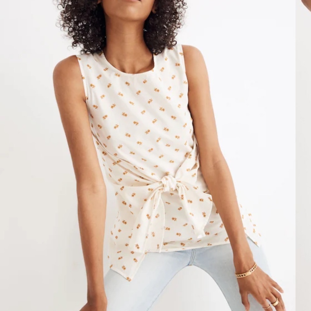 Caron Callahan Embroidered Sara Tie-Front Top cream gold floral shirt